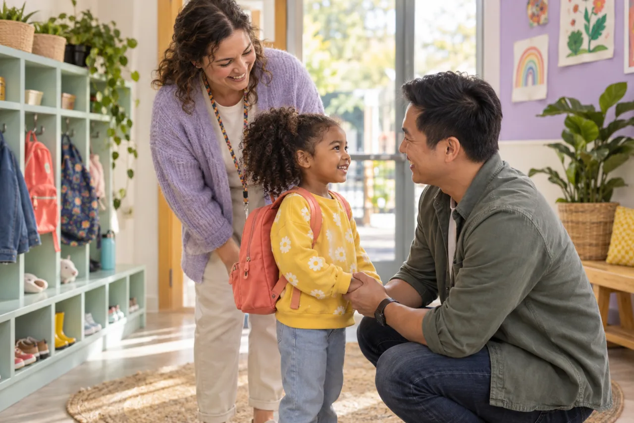 A parent and educator sharing a happy child care pickup with a young child